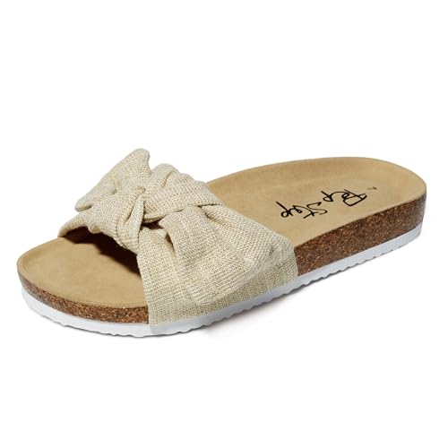 Image of PepStep Slide Sandals for Women or Ladies Dressy Summer Casual, Cute Bow Tie Knot On Top Strap, Comfy Slip On Cork Foot Bed