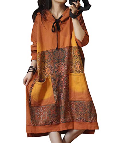 YESNO JCJ Women Casual Loose Ethnic Floral Hoodies Sweatshirts Jackets Long Sleeve /Pockets (One Size, Typ4 Orange)