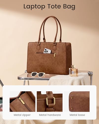 Image of LOVEVOOK Laptop Tote Bag for Women, PU Leather Work Bag, Teacher Tote | with Large Cup Holder, Waterproof Vintage Briefcase for Business Travel & Commute, Magnetic Snap, Padded Laptop Pocket