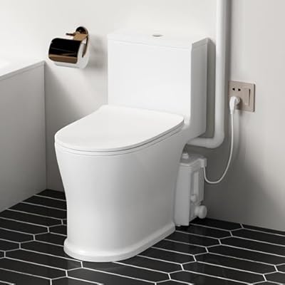 900W Macerating Toilet with Pump for Basement Upflush System, Copper Motor Pump, 4 Inlets & 2 Outlets Discharge, Dual-Deodorization, Nano-Glaze, Space-saving One Piece Full Skirt Toilet