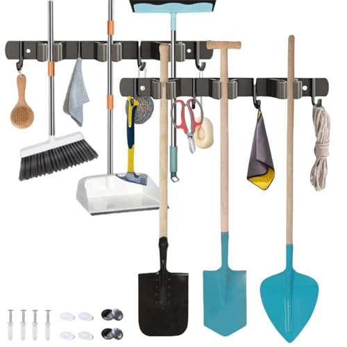 MEETOZ 2 Pack Garden Tool Storage Rack, Tool & Garden Storage Rack Garage Storage Wall Hanging Shed Hooks, Mop Broom Holder Wall Mounted, for Gardening Tools, Utility Room, Launry Room,Garage