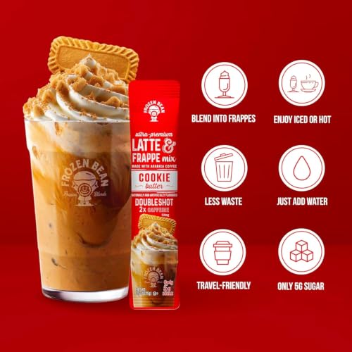 Image of The Frozen Bean Cookie Butter Instant Coffee Frappe, 10 Sticks | Real Arabica, 114mg caffeine, 5g sugar, Single serve packets, Hot or blended iced, On the go
