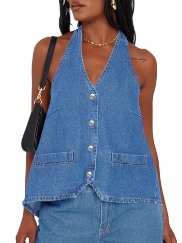 Image of Tankaneo Womens Halter Denim Vest Tops Summer Sleeveless Open Back Y2K Going Out Jean Tank Tops V Neck Button Up Waistcoat