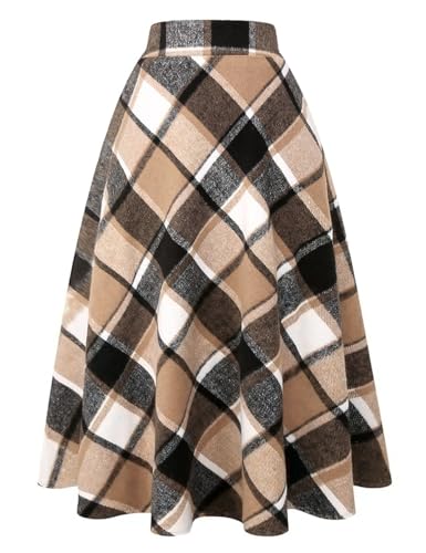 IDEALSANXUN Plaid Skirts for Women 2025 Fall Winter Wool Tartan Tweed Flannel Corduroy Sweater Long Skirt, Brown New, M