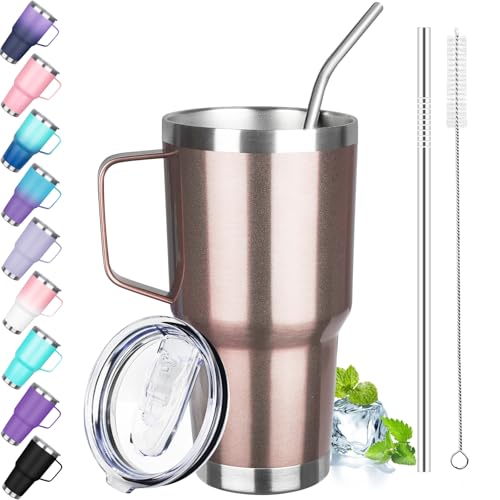 GUDEMAO 30 oz Stainless Steel Tumbler with Handle, Double Wall Vacuum Insulated Coffee Mug Tumbler with Lid and Straw, Thermal Cup for Cold and Hot (Rose Gold)