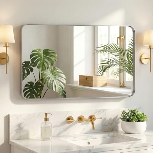Image of NEWBULIG 24 inchx40 inch Sliver Wall Mirror, Bathroom Mirrors for Over Sink, Matte Metal Framed Vanity Mirror with Tempered Glass, Entryway, Living Room, Bedroom
