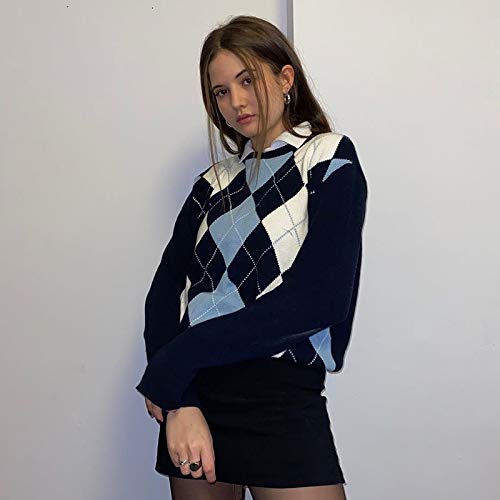 Women Argyle Plaid Sweater Pullover Long Sleeve V Neck Preppy Y2K E-Girl Sweater Autumn Winter (Navy Blue, F) #TOP2