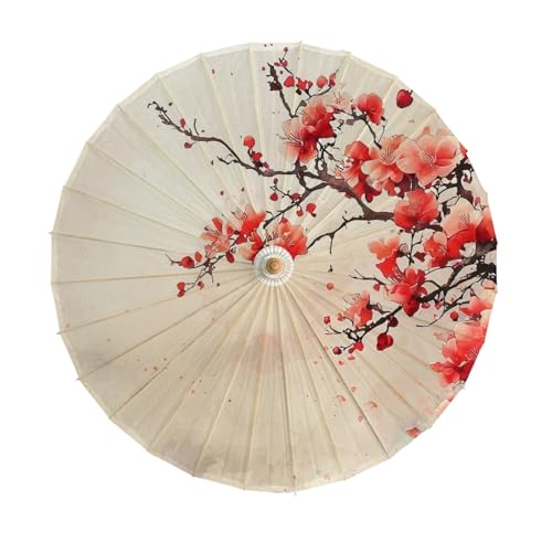 FANSU Chinesischer Regenschirm mit Holzgriff Handgemachte Regenschirm aus Geöltem Papier Japanischer Sonnenschirm aus Reispapier mit Holzgriff Stockschirm, Chinesischer (Rot,Durchmesser 84cm)