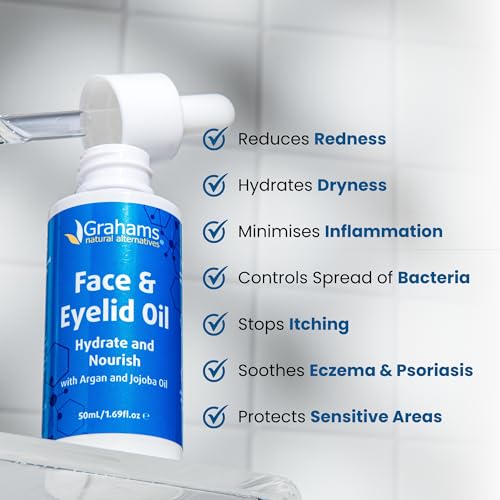 Image of Grahams Natural Face & Eyelid Oil - For Very Dry Skin Around Eye & Face, Eczema & Perioral Dermatitis - Steroid-Free, Hypoallergenic, Non-Comedogenic - 100% Pure - with Argan & Jojoba Oil (1.69 Fl Oz)