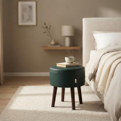 Image of Stool Ottoman Pouffes for Living Room, Kitchen, Home, Office Furniture with Soft Cotton Cushion Mudda Footrest Stool for Chair Sofa Bed Dressing, Green Leather (17 Inch Pack of 1)