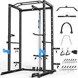 ULTRA FUEGO Power Cage, Multi-Functional Power Rack with J-Hooks, Dip Handles, Landmine Attachment and Optional Cable Pulley System for Home Gym (Power Cage with Pulley System)