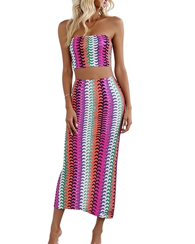 CORIRESHA Women's 2 Piece Striped Outfits Knit Crop Tube Top Back Slit Maxi Skirt Set Beach Vacation