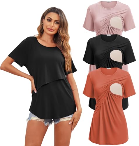 Image of Ekouaer Women's Maternity Shirts Short Sleeves Nursing Tops 3 Pack Double Laye Breastfeeding Tees Pregnancy Clothes S-XXL