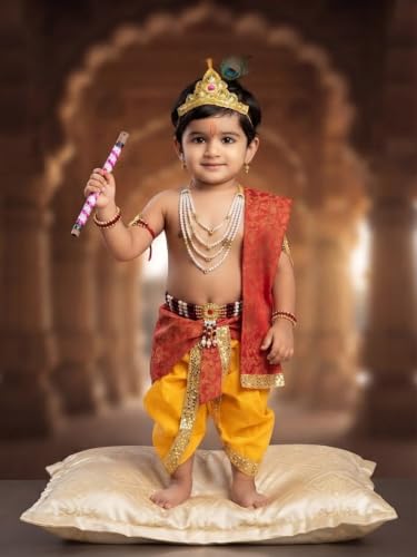 Image of Krishna Dress for Baby Boy Kids Janmashtami Costume | Dhoti & Patka Included, Mukut & Morpankh, Bansuri & Kamarband, Bajuband & Kundal, 8-Piece Set