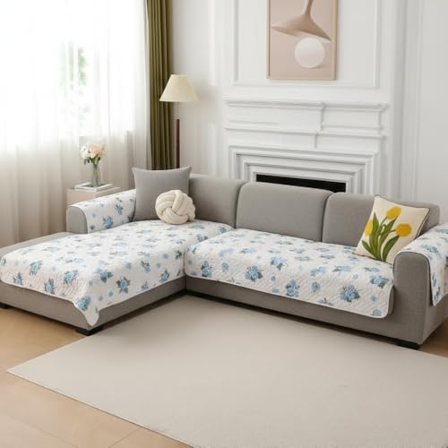 Image of HOMETHREADS Anti-Skid Sofa Protector Mat: Premium Printed Cotton Slipcover with Strong PVC Non-Slip Backing, (White Blue, 3 Seater | 180x75cm)