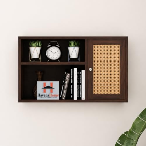 Image of Solid Sheesham Wood Wall Mounted Cabinet with Rattan Door, 71x46x18 cm | Sheesham Wall Mount Shelf, Book Storage Rack for Living Room | Bedroom | (Dark Walnut Can)