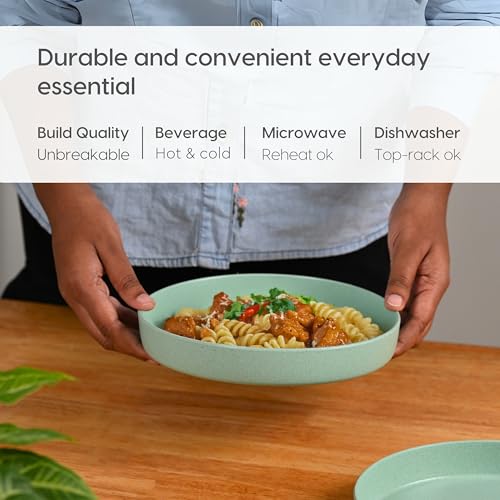 Image of Eha Earth Friendly Verde Round Plates | Set of 4 | 8 inch | Made with Rice Husk Biocomposite | Breakfast Plates | Unbreakable Dinner Plates Set | Microwave Safe | Celeste