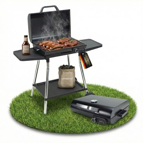 Sommertal BBQ928 2in1 Grill mit Deckel | Tischgrill & Standgrill | Antihaft-Grillplatte + Grillrost | mit Fettauffangwanne & Thermostat | einstellbare Temperatur