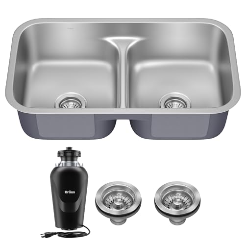 Image of KRAUS Premier 32-inch Undermount 50 /50 Double Bowl Low Divider 18-Gauge Stainless Steel Kitchen Sink with WasteGuard Continuous Feed Garbage Disposal, KBU32-100-75MB