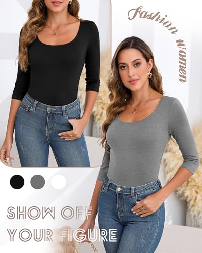 Ficerd 3 Pack Women's 3/4 Sleeve Shirts, Scoop Neck Cotton Slim Fit Tops Soft U Neck Knit Fitted Basic Tees Blouses3