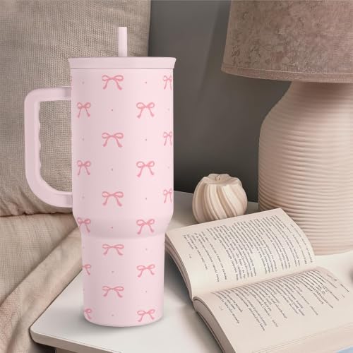 Image of SANDJEST Gift for Women Girls - Coquette Bow Stainless Steel Tumbler with Handle, Travel Coffee Mug - Gifts for Birthday Christmas, 40oz