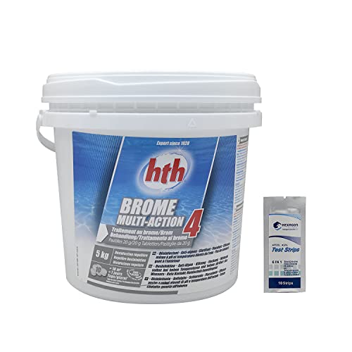 HTH Brome Action 4 Pastilles 20g - 5kg | Brome Lent Multiaction - Désinfection Régulière Multifonction - Dissolution Lente + 10 Tests HPS OFFERTS 6 en 1