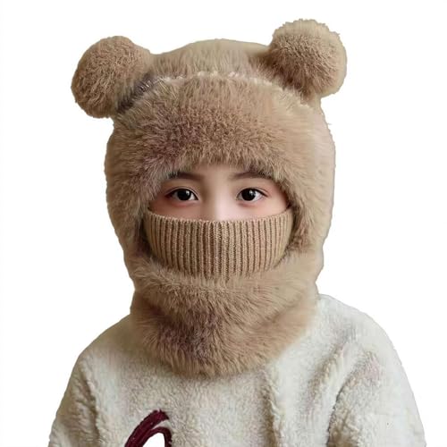 Bear Mask Cap for Women Cute Bear Knit Hood Scarf Head Cover Hat Warm Plush Balaclava Ski Mask (US Alpha One Size Khaki)