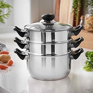 LEWIS'S Induction Steamer Pans 3-Tier with Glass Lid, Silicone Handles, Stainless Steel, Steamer Cooking, Polished Mirror Finish (Silver, 18cm)