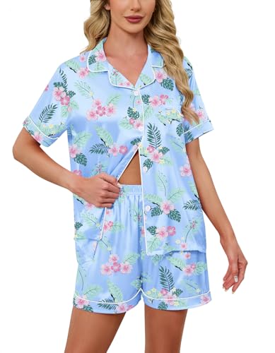 Image of Schbbbta Women Pajamas Set, 2 Pieces Satin Silk Button Down Pjs Short Sleeve Outfits Loungewear