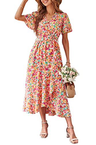 PRETTYGARDEN Women's Summer Floral Boho Maxi Dress Wrap Short Sleeve V Neck Ruffle A-Line Flowy Wedding Guest Long Dresses