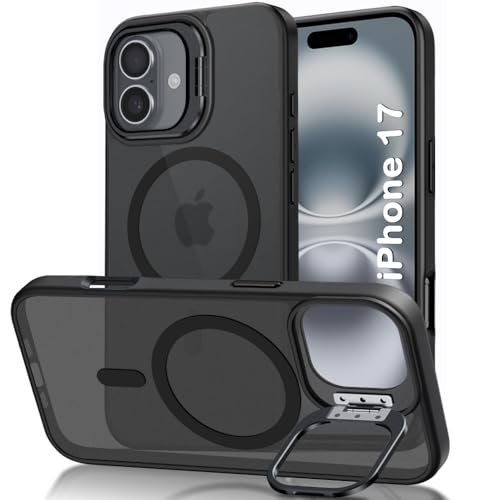 Image of TheGiftKart Hybrid Matte Frosted Back Cover Case for iPhone 17 Compatible with MagSafe | Built-in Stand | Shockproof Hard Back Cover Case for iPhone 17 (PC & TPU, Translucent Black)