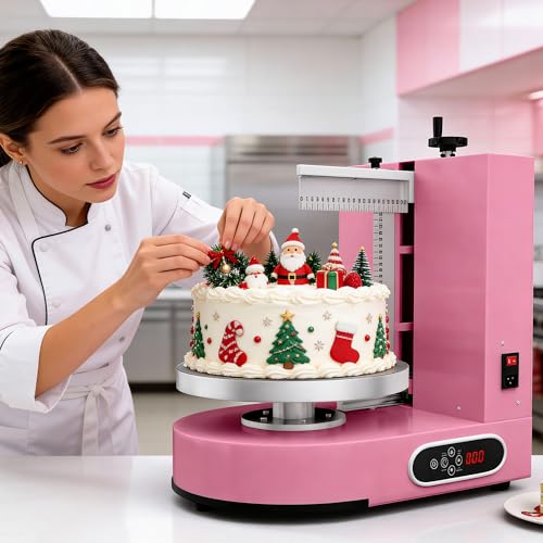 PYY Cake Decorating Machine - 4-12 Inch Automatic Cake Cream Spreading Machine for Cake Frosting Machine 60-320 RPM with Graduated Scrapers Electric Cake Turntable Pink