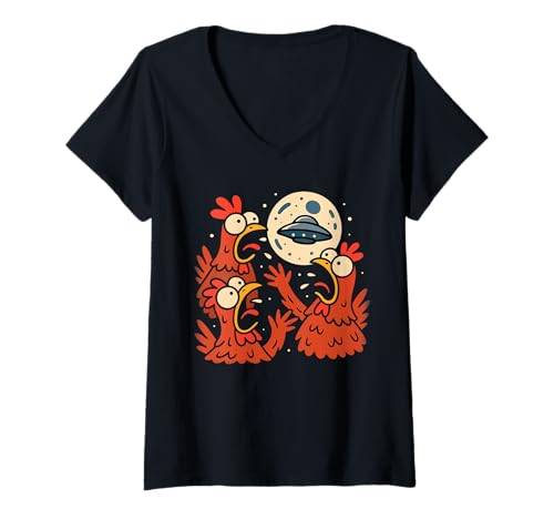 Femme Poulet hilarant paniquant en voyant une rencontre extraterrestre OVNI T-Shirt avec Col en V