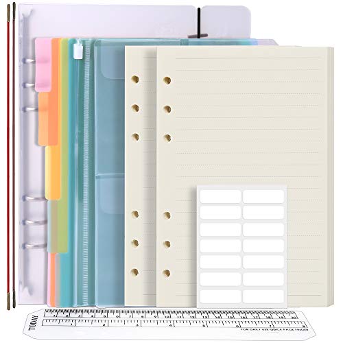 Kit de Classeur A5, FANDAMEI A5 Classeur?90 Feuilles A5 Feuille 6 Trous A5 Papier?5 Couleurs Intercalaire A5?1 Poche Zippée?1 Poche avec 3 Espaces Séparés?Règle 20 CM ? Étiquettes Autocollantes