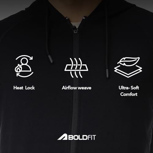 Image of Boldfit Sweatshirt for Man Zipper Hoodies Jackets for Men Stylish Hoodies Man Winter Wear Pullover Casual Sweat Shirt Travel Office Outdoor Cotton Blend with Pockets Full Zipper - Black
