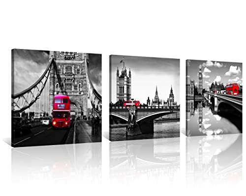 Nan Wind 3 Pcs Modern Giclee Canvas Prints London Black And White With Red Bus Wall Art London Bridge Poster Cityscape Paintings On Canvas Stretched And Framed Ready To Hang For Home Decor #TOP6