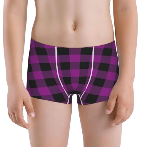 Boys' Cotton Boxer Brief Soft Underwear-Purple Black Plaid