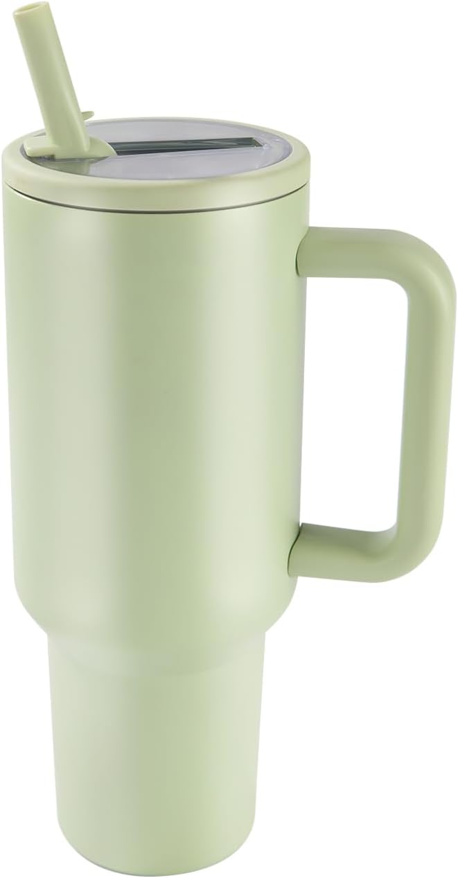 40 oz Insulated Tumbler with Handle,Flip Straw,Lid & Rubber Base Stainless Steel Water Bottle - Leak Proof Vacuum Insulated Mug BPA Free Reusable Travel Cup Gifts for Women/Men (mint green 40oz new)