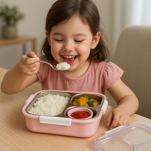 Image of Shark Doo Doo Bento 3 Compartment Stainless Steel Lunch Box with Steel Cutlery Inside | Heating & Water Insulation Design | Leak-Resistant | 750 ML | Office & School (Pink with Chutney Box)