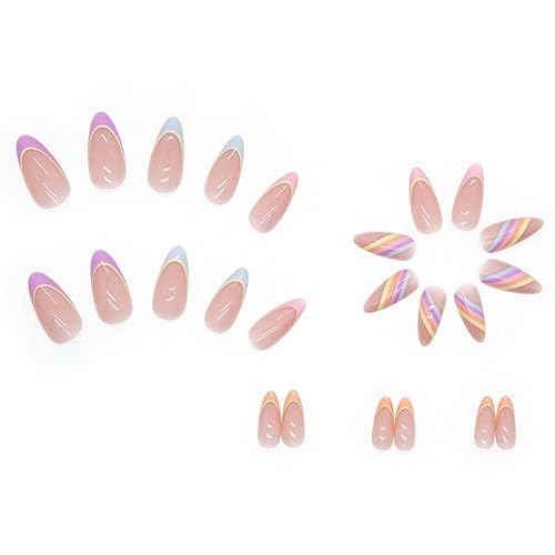 Qingge French Tip Press On Nails Short Glossy Rainbow Fake Nails Stiletto False Nails Colorful Stick On Nails With Glue Nude Summer Acrylic Nails For Women 24Pcs #TOP4