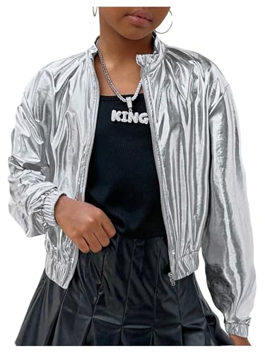 Floerns Girl's Long Sleeve Metallic Jackets Zip Up Collared Neck Street Jacket Coat