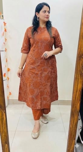 Image of ANNI Designer Kurta Sets for Women Viscose Blend Printed | Kurti Set for Woman | Kurta Palazzo Set | A Line Kurti | Mandarin Collar Elbow Sleeve Suit Set for Women Stylish Ethnic Outfit Clothing