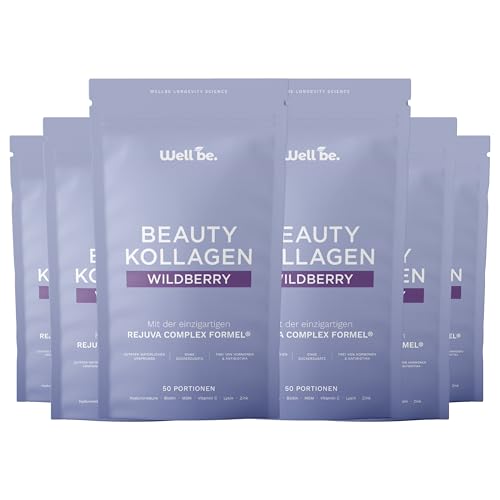 Wellbe Kollagen Pulver Wildberry - hochdosiert mit maximal bioaktivem Kollagen Hydrolysat, Biotin, Zink, Vitamin C & Hyaluron - Collagen Pulver - Kollagenpulver Peptide Made in Germany 6 x 250g 1