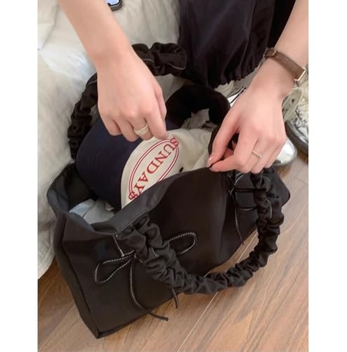 JHTPSLR Bow Tie Large Canvas Tote Bag Coquette Tote Bag Women Elegant Ribbon Bowknot Pleated Balletcore Shoulder Bag Handbag3