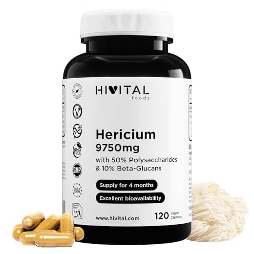 Melena de León 9750 mg. 120 cápsulas veganas para 4 meses de tratamiento. Extracto Natural de Hericium Erinaceus con 50% Polisacáridos y 10% Beta Glucanos. Fabricado en España por HIVITAL