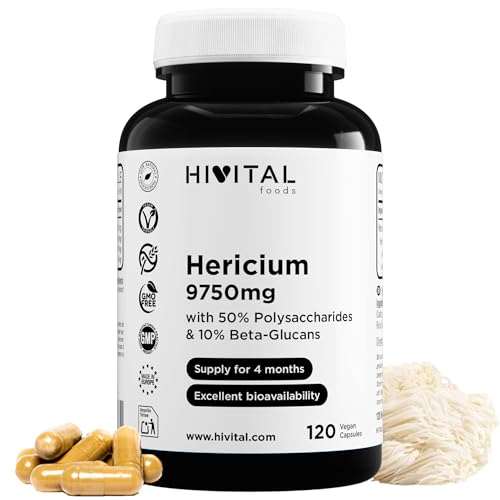 Melena de León 9750 mg. 120 cápsulas veganas para 4 meses de tratamiento. Extracto Natural de Hericium Erinaceus con 50% Polisacáridos y 10% Beta Glucanos. Fabricado en España por HIVITAL