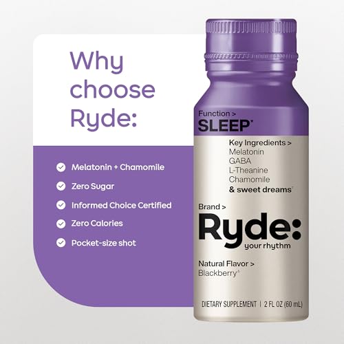 Image of Ryde: SLEEP Shot, 2 fl oz, Melatonin, GABA, L-Theanine & Chamomile, Blackberry Natural Flavor, Zero Calories, Sugar-Free, Vegan, Made in USA (24 Pack)