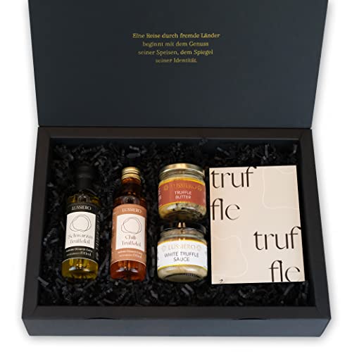 Lussiero Geschenkbox - Goldene Geschmacksreise - Geschenkset aus italienischer Bianchetto Trüffelsauce, Trüffelbutter, schwarzem und weißem Trüffelöl Präsentkorb Geschenkkorb für Gourmets Cover