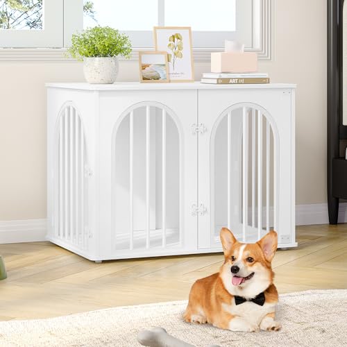Hzuaneri Hundekäfig Möbel, 80cm Hundebox für Zuhause, 3 Türen, Bogentür, Moderne Hundebox Indoor für Hunde, Beistelltisch, Hundekäfig Hochbelastbar, 80 x 56 x 61 cm, Weiß DFC85113W