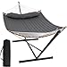 SUNCREAT Double Portable Hammock with Stand, 2 Person Hammock with Curved Spreader Bar, Balance Ropes Included, Dark Gray